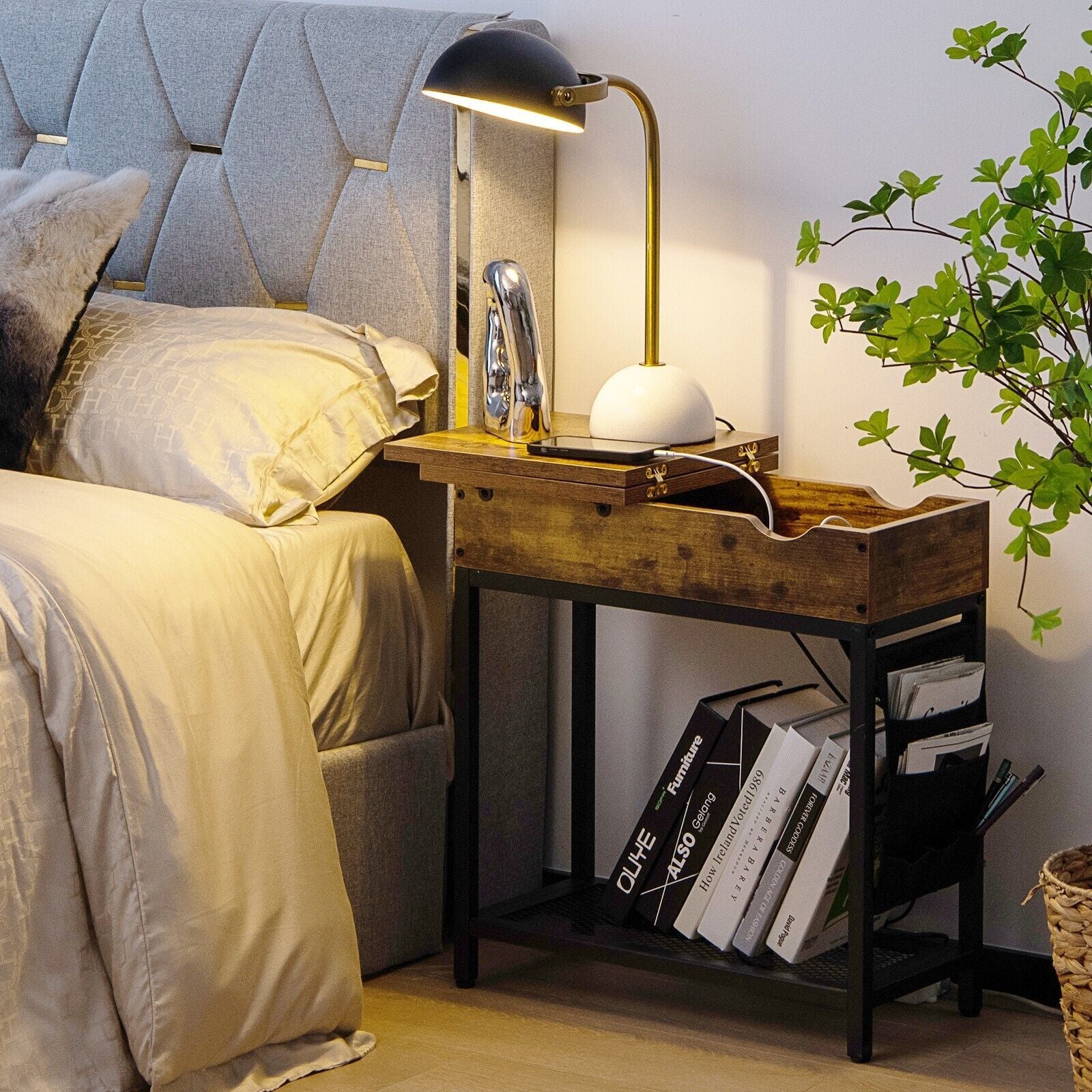 2-Tier Side Table End Table W/Usb Ports & Flip Top Narrow Nightstand for Bedroom