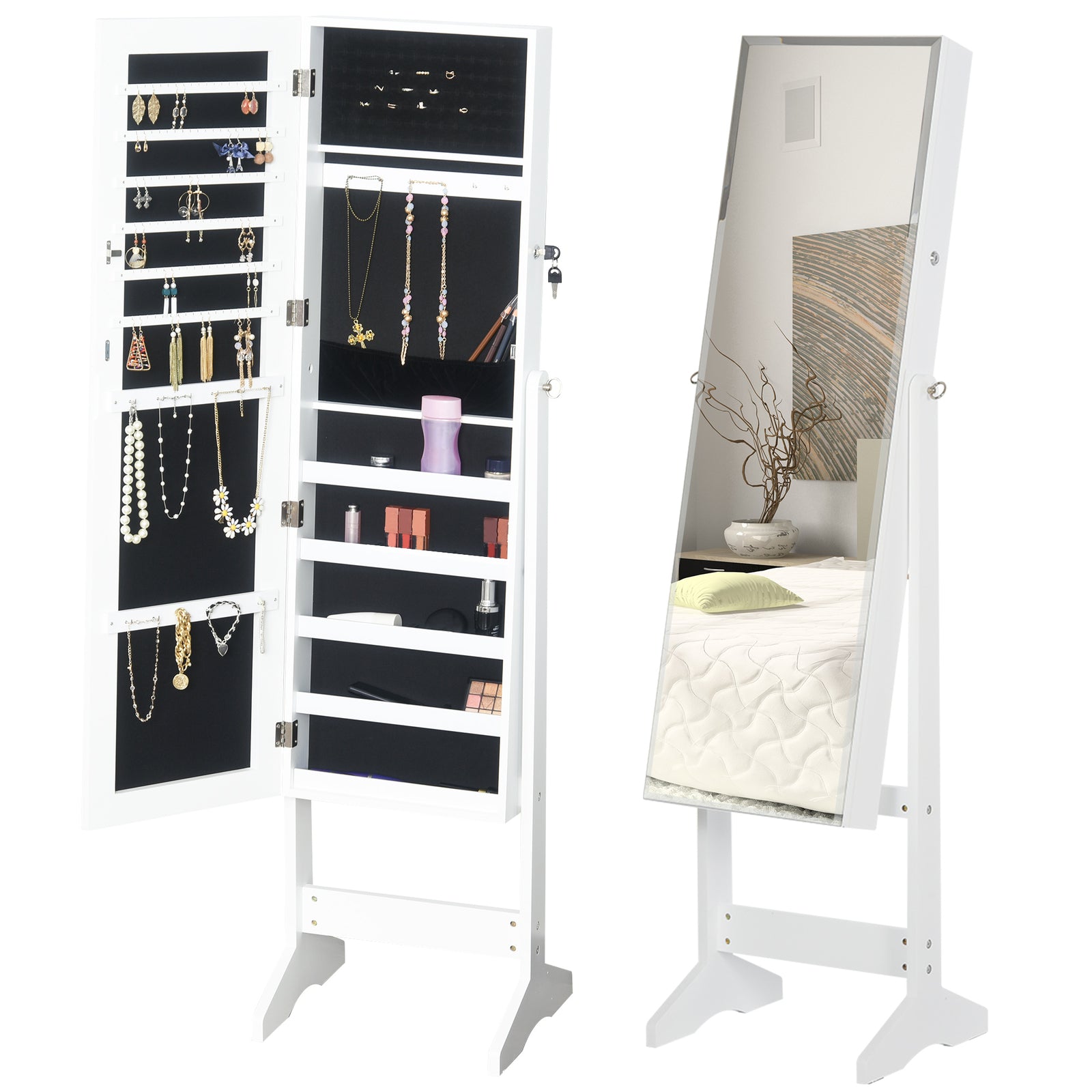 Lockable Jewellery Storage Cabinet Mirror Armoire Freestanding Adjustable White