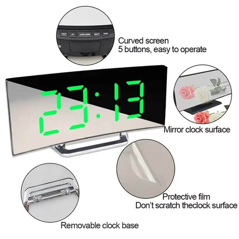 Curved Mirror LED Digital Alarm Clock