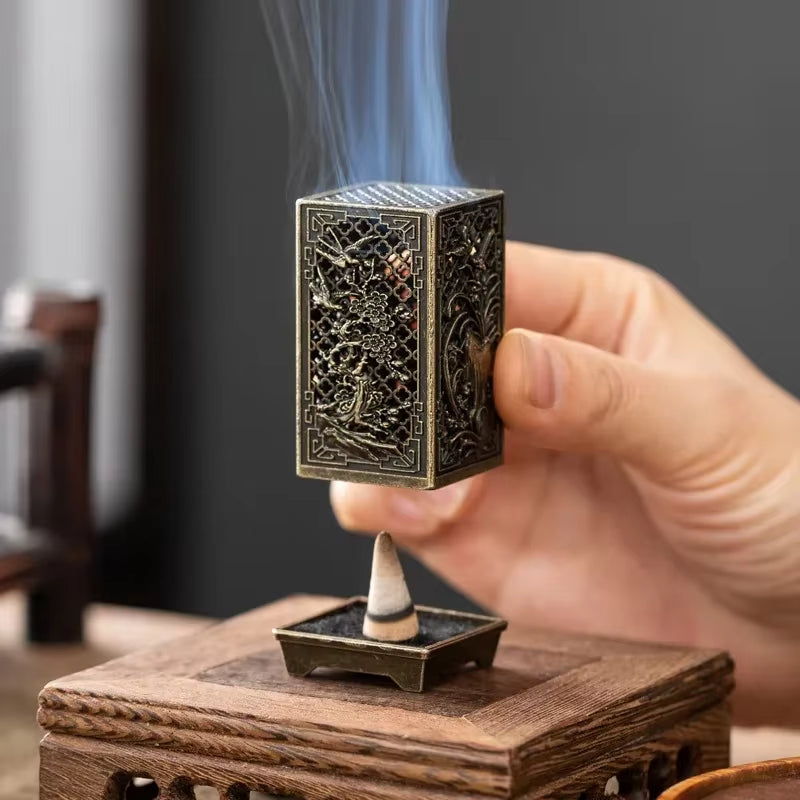 Square Alloy Incense Burner with Plum Design