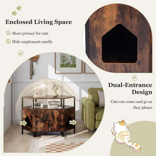 COSTWAY Corner Cat Litter Box Enclosure Cat House Cabinet with Open Shelf