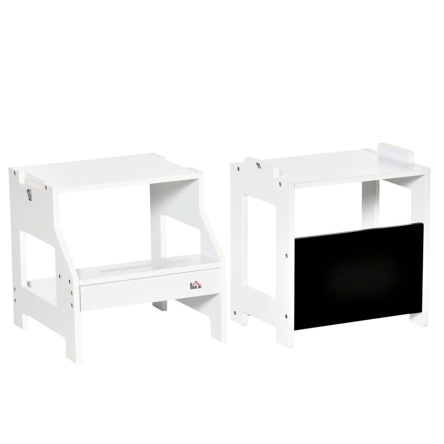 2-In-1 Kids Kitchen Step Stool Table Chair Set W/ Safety Rail Chalkboard, White