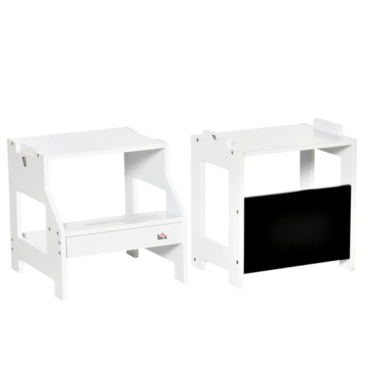 2-In-1 Kids Kitchen Step Stool Table Chair Set W/ Safety Rail Chalkboard, White