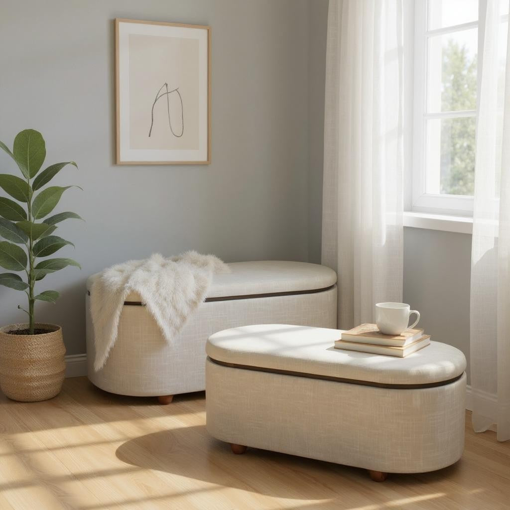 Extra Large Cream Linen Stylish Storage Seating Stools Set - 2 with Lift-Up Lids