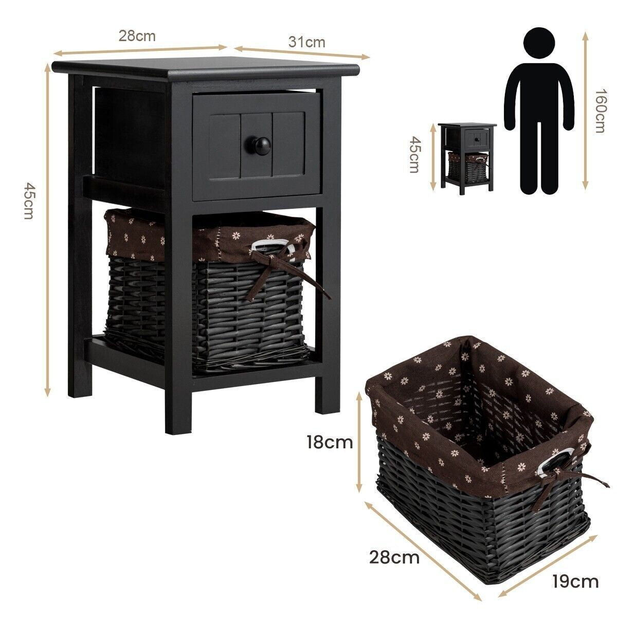Set of 2 Nightstands with Removable Baskets and Drawers