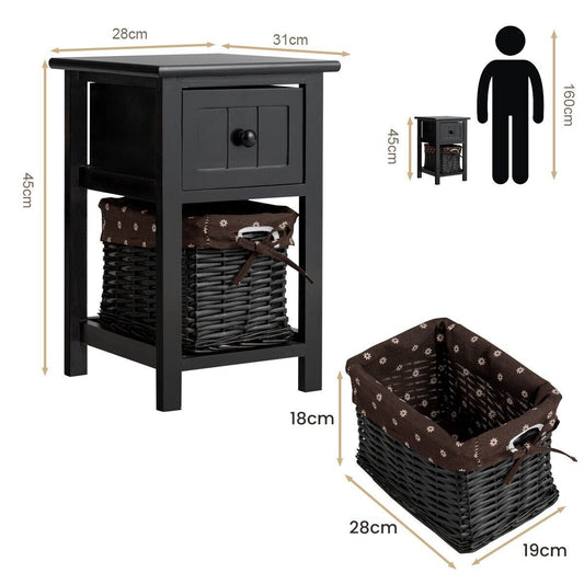 Set of 2 Nightstands with Removable Baskets and Drawers