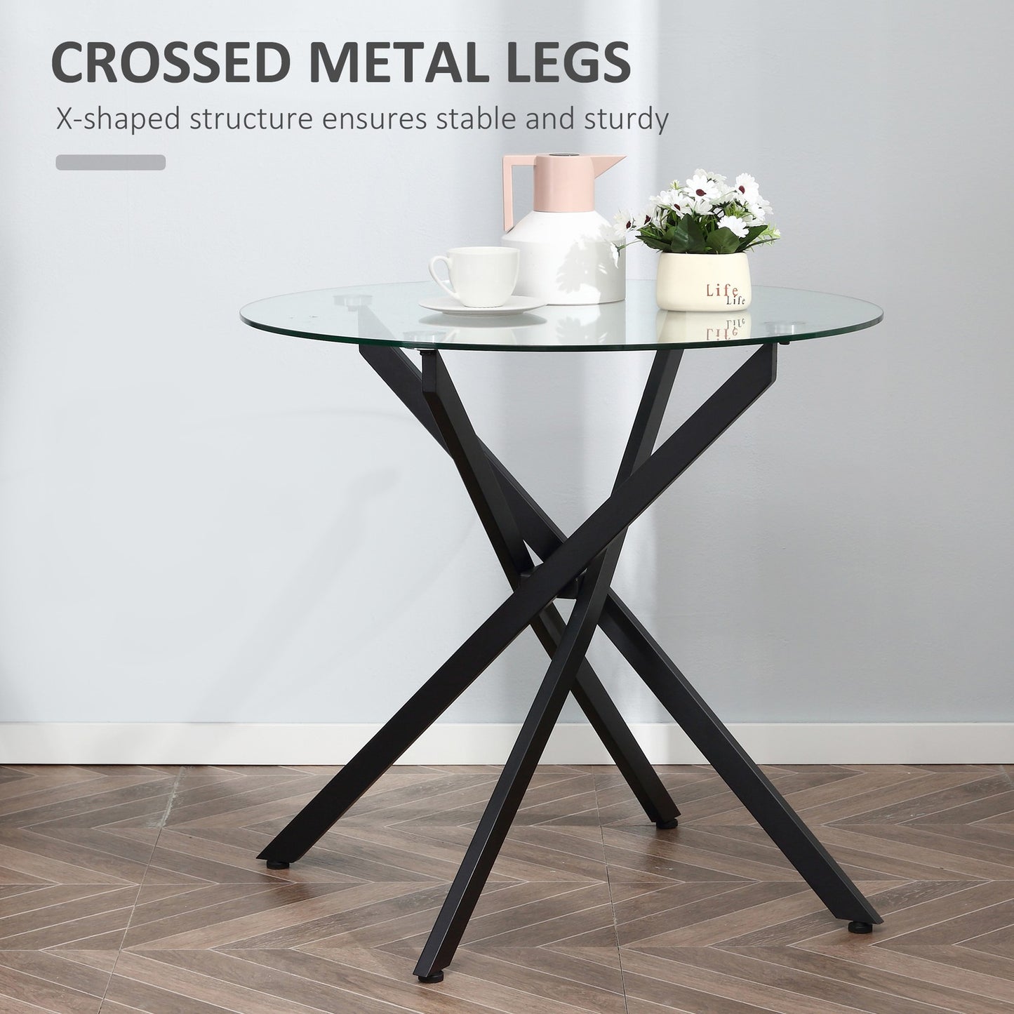 HOMCOM Clear Glass Side Table round Metal Dining Table Dining Living Room Black