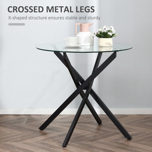 HOMCOM Clear Glass Side Table round Metal Dining Table Dining Living Room Black
