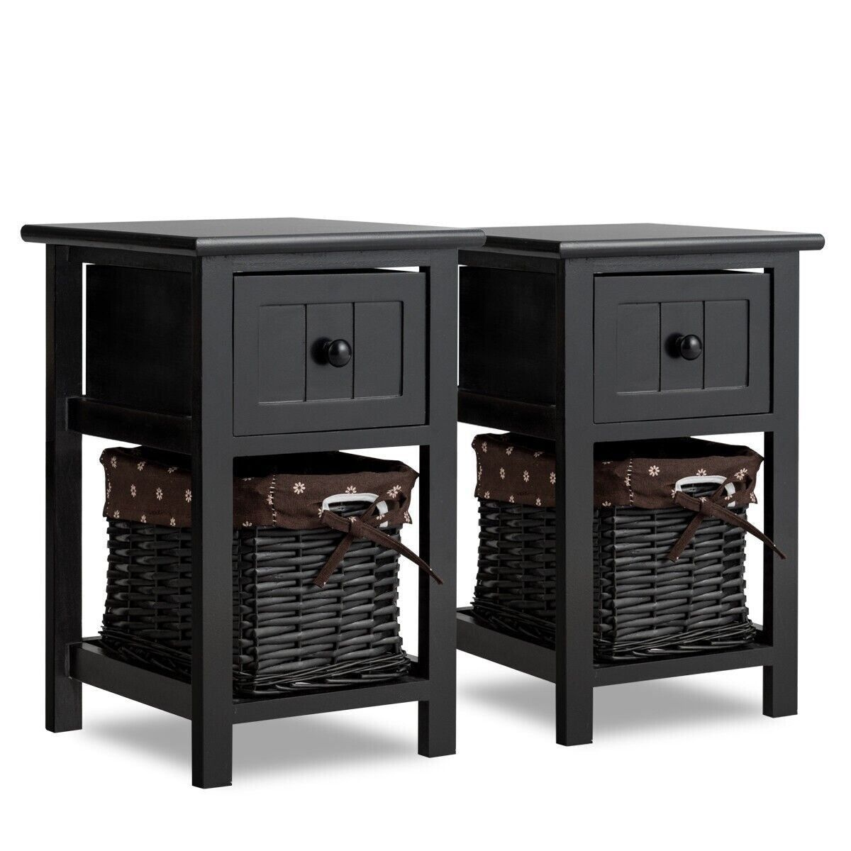 Set of 2 Nightstands with Removable Baskets and Drawers