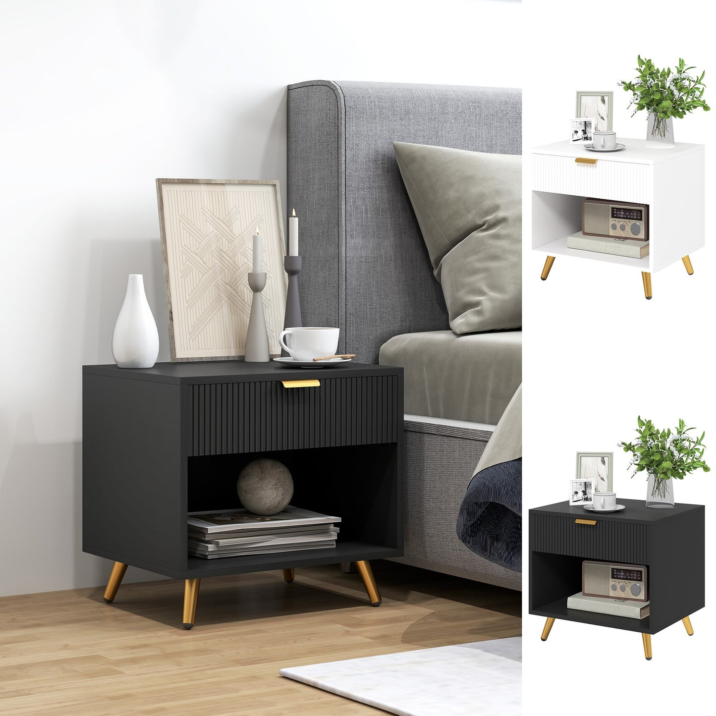 End Table with Drawer and Open Compartment for Bedroom