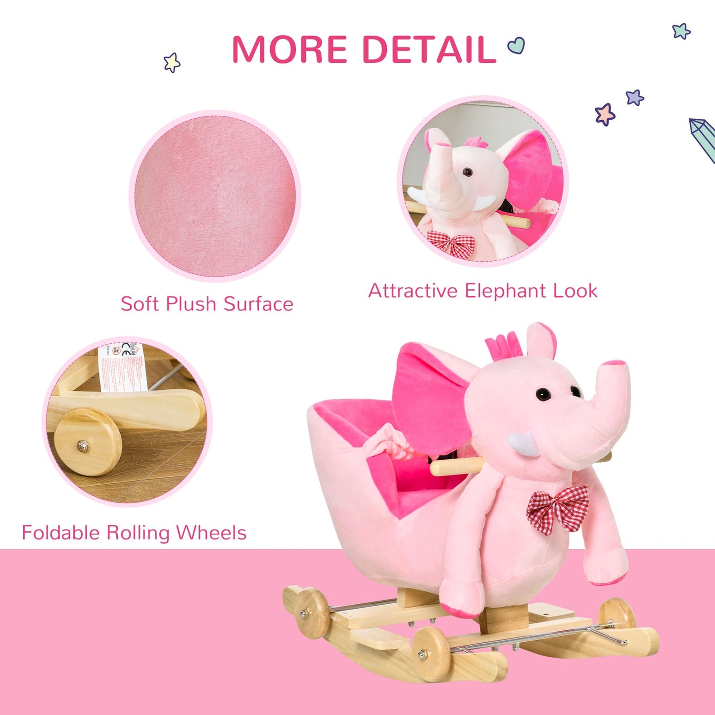 HOMCOM 2-In-1 Baby Rocking Horse Ride on Elephant W/ Wheels Music, Pink