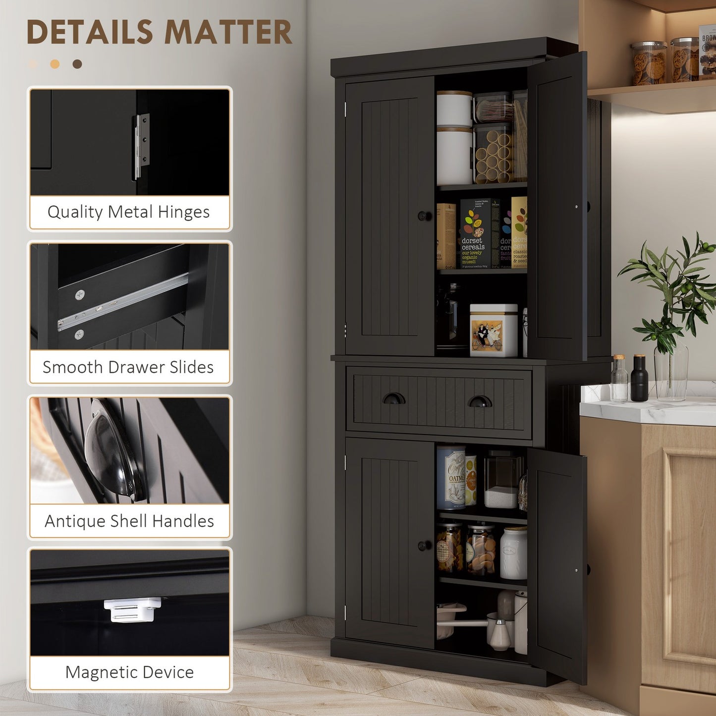 HOMCOM Freestanding Kitchen Storage Cabinet Drawers Cupboards Shelves Black