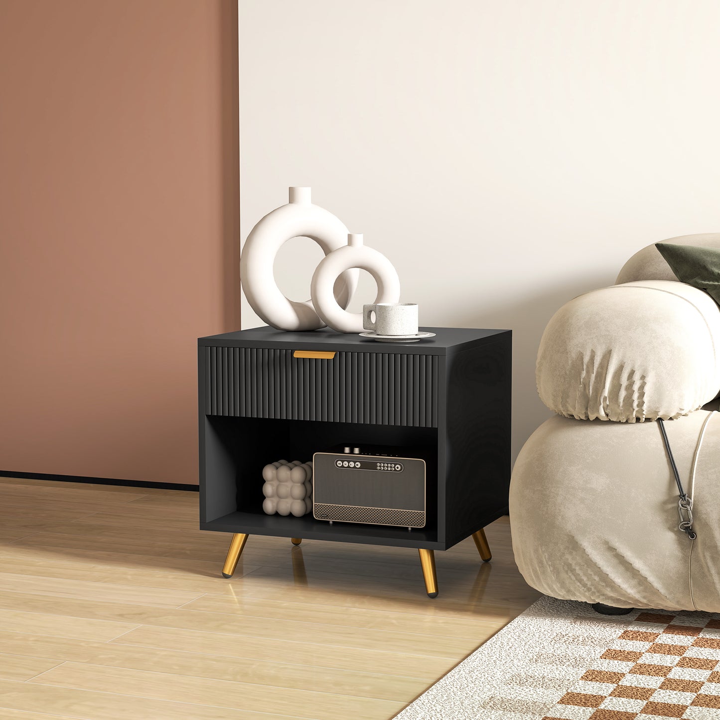 End Table with Drawer and Open Compartment for Bedroom