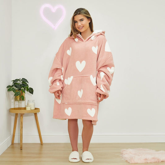 Dreamscene Heart Print Hoodie Blanket Oversized Adult Fleece Sherpa Throw Jumper