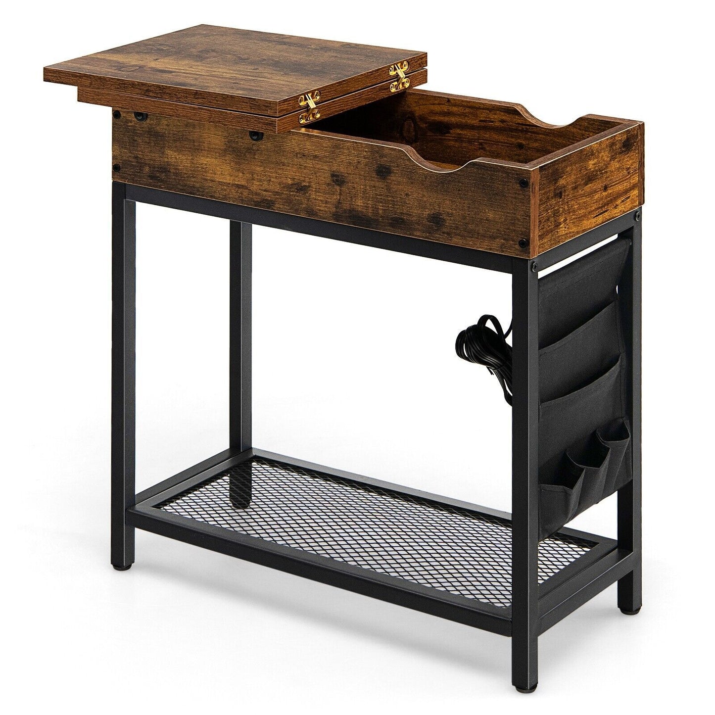 2-Tier Side Table End Table W/Usb Ports & Flip Top Narrow Nightstand for Bedroom