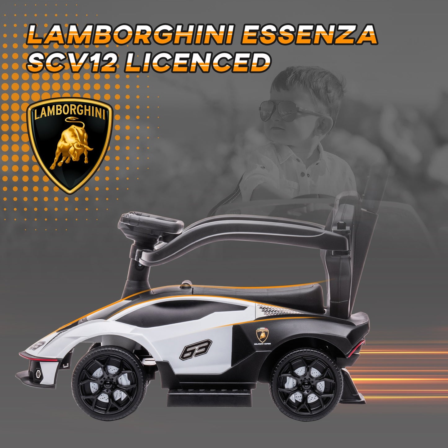 AIYAPLAY Lamborghini 2 in 1 Baby Ride on Push Car Toddler Push along Car, White