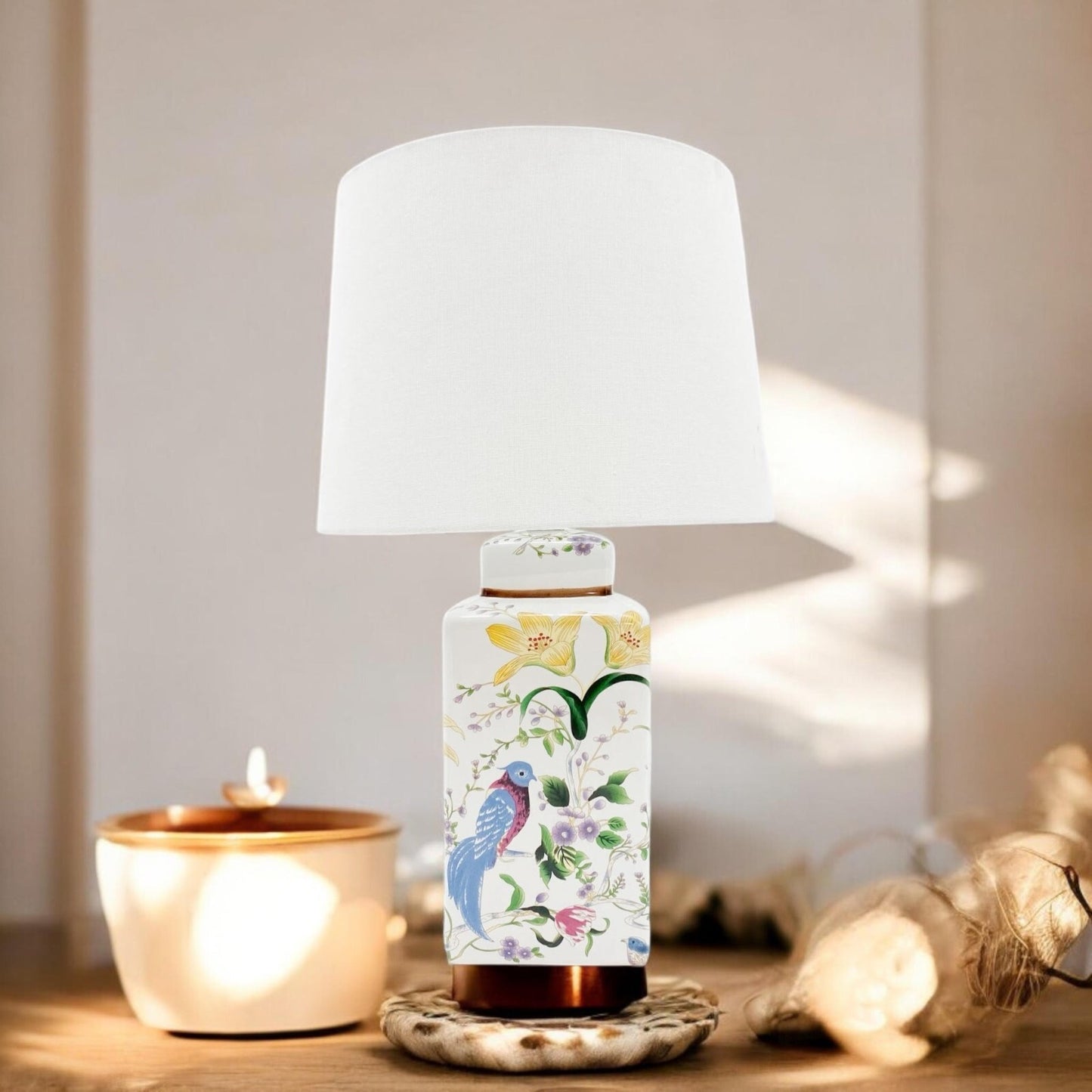 Stunning Floral Ceramic Table Lamp Pleated Shade Oriental Bird Hall Light 58Cm