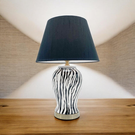 Modern Zebra Ceramic Table Lamp with Drum Black Shade 64Cm Large Bedroom Hallway