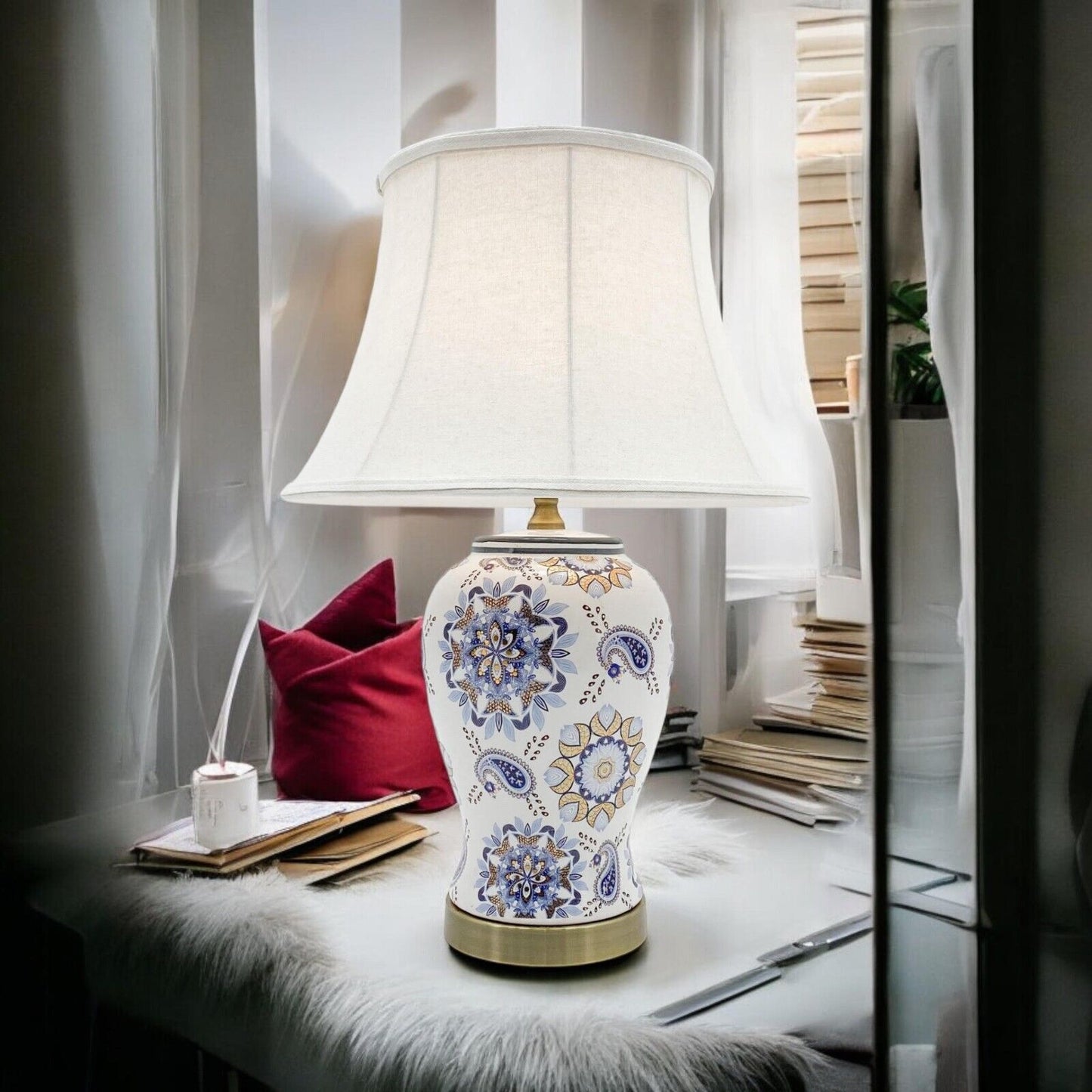 Floral Ceramic Table Lamp with Shade 64Cm Large & Oriental Pattern Design