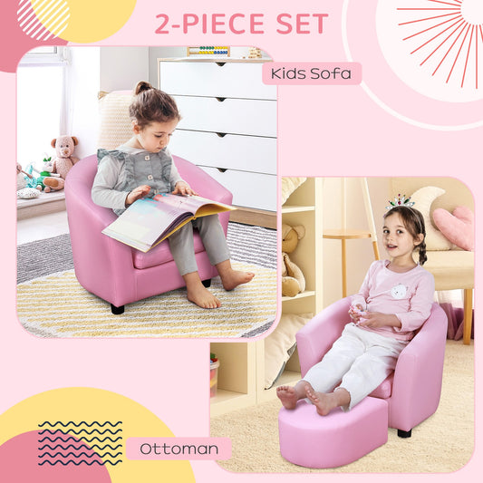 Kids Sofa Set Children Armchair Thick Padding Toddler Chair with Ottoman Pink