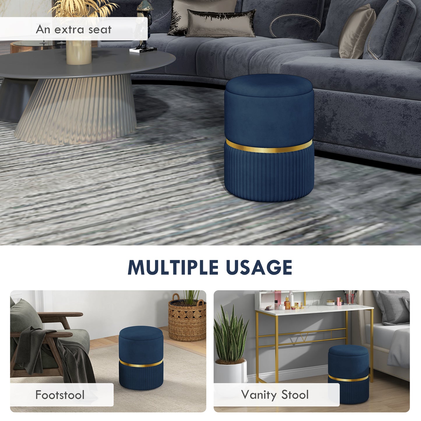 Round Storage Foot Stool, Velvet-Feel Fabric Upholstered Pouffe