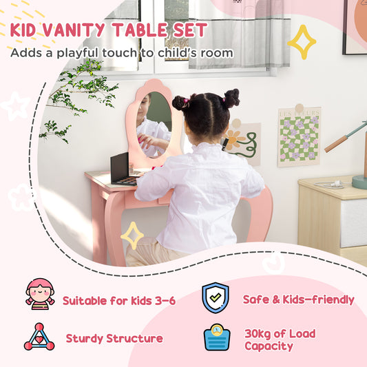 Cute Animal Design Toddler Bed Frame, Kids Dressing Table Set, Pink