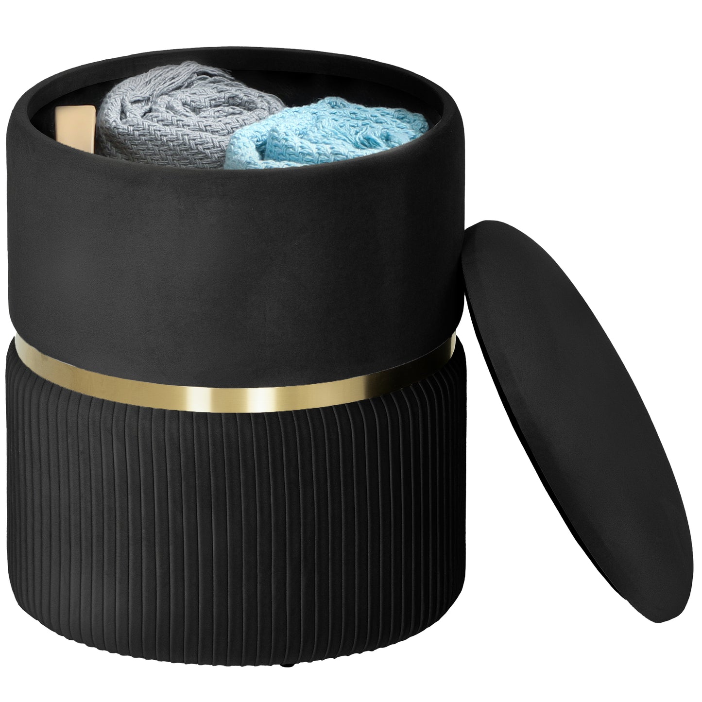 Round Storage Foot Stool, Velvet-Feel Fabric Upholstered Pouffe