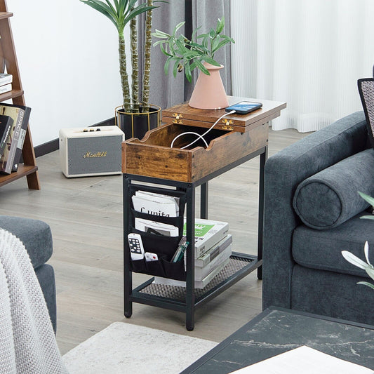 2-Tier Side Table End Table W/Usb Ports & Flip Top Narrow Nightstand for Bedroom