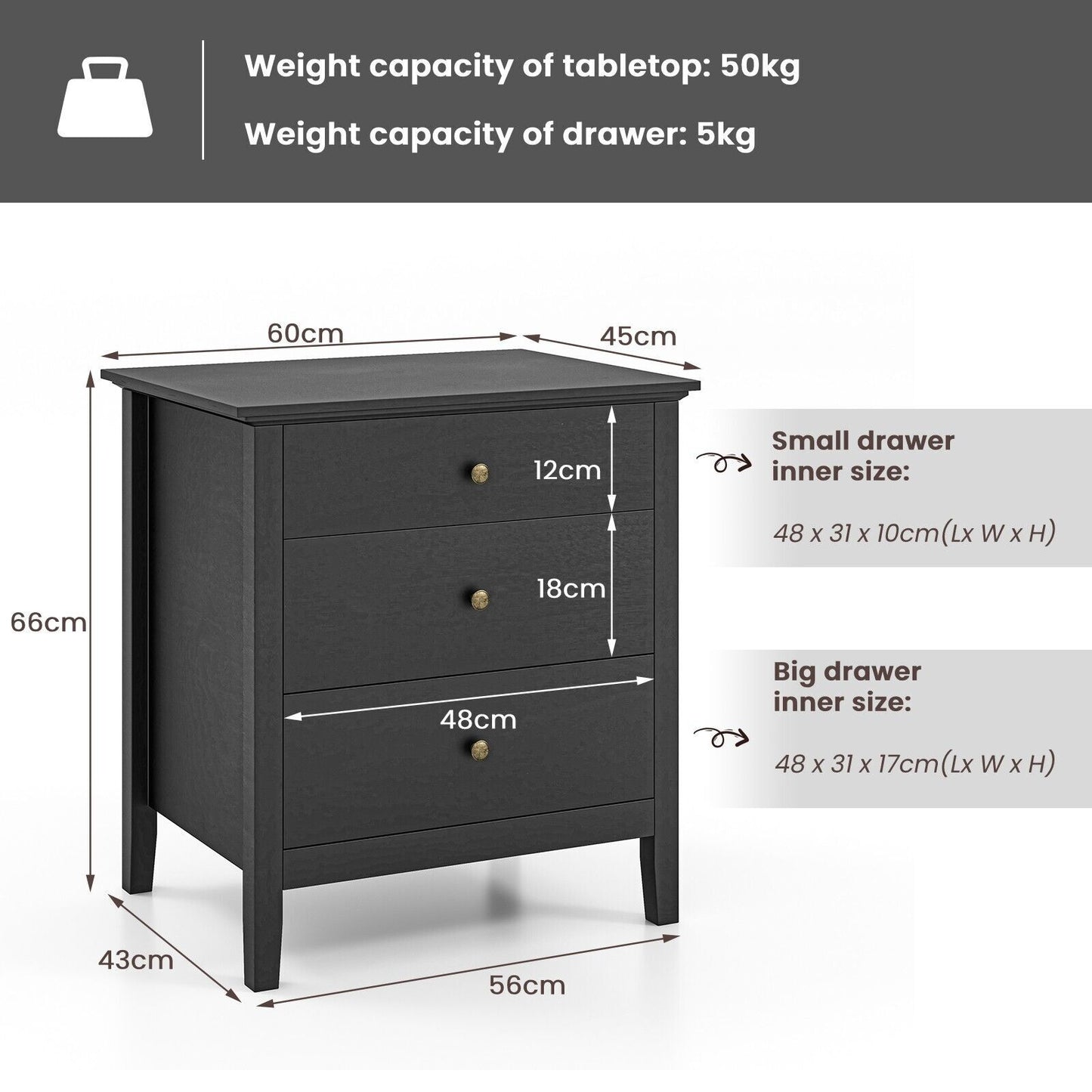 Costway 3-Drawer Nightstand Bedroom Wooden Bed Side Table Modern End Table