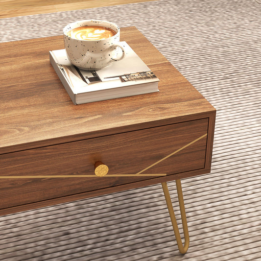 Coffee Table with Storage, Living Room Tea Table with Drawers, Steel Base, Brown