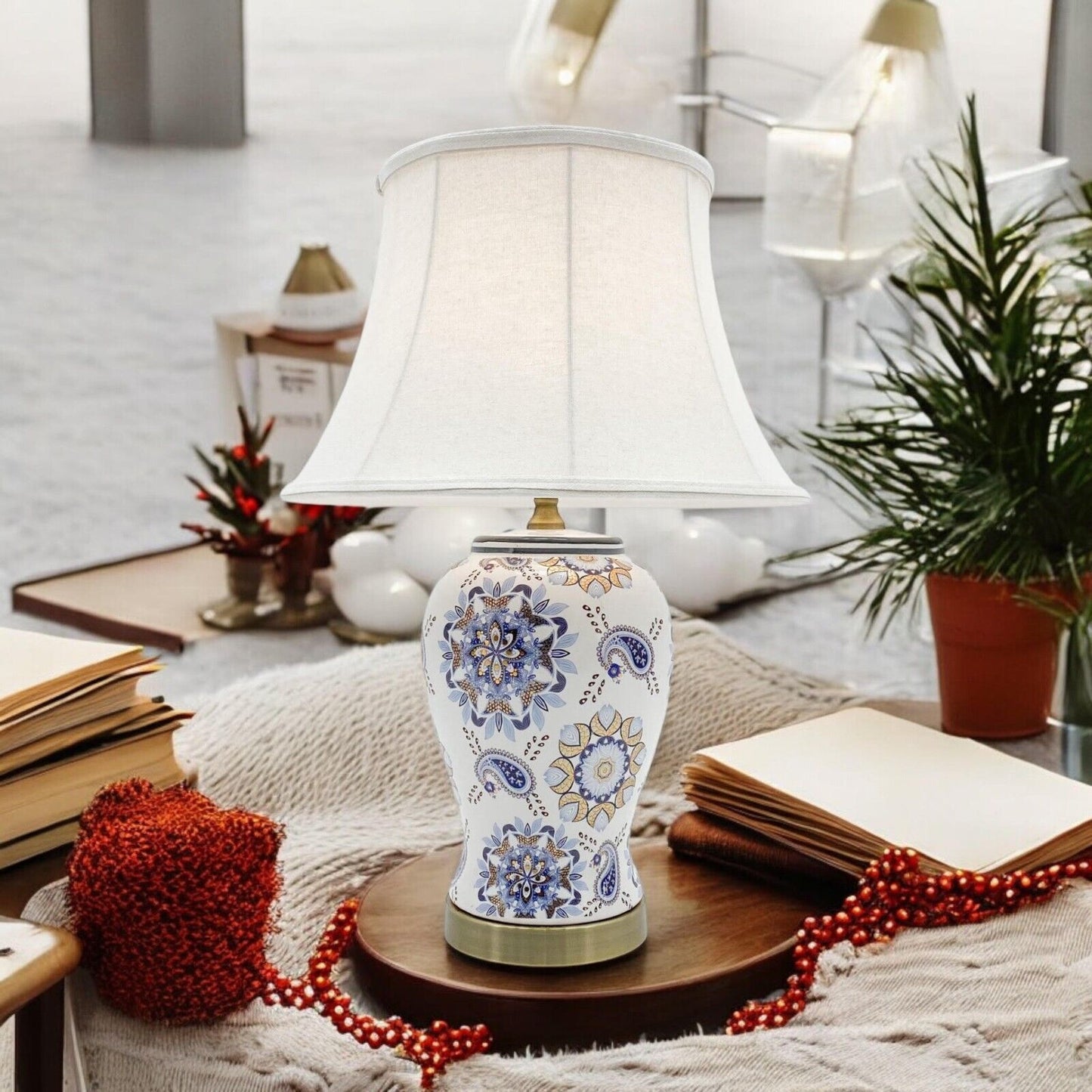 Floral Ceramic Table Lamp with Shade 64Cm Large & Oriental Pattern Design