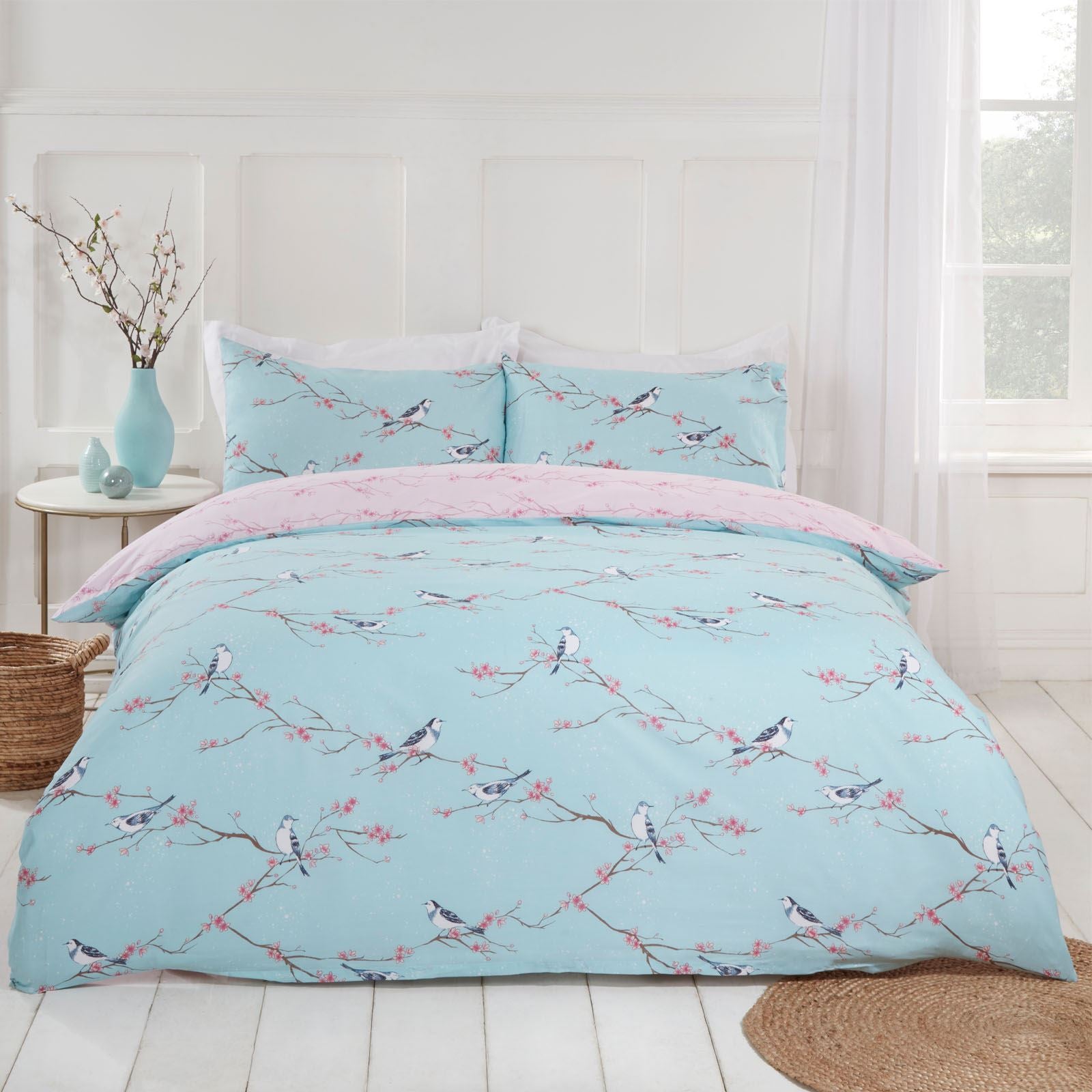 Dreamscene Blossom Bird Quilt Cover with Pillowcase Bedding Set Grey Blush Ochre