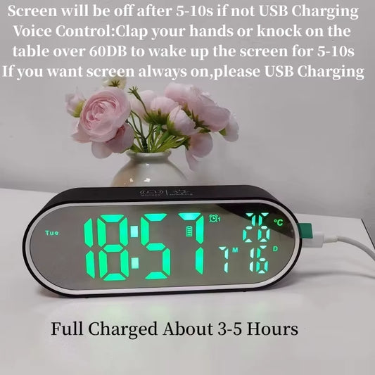Rechargeable LED Mirror Alarm Clock 2 Alarms