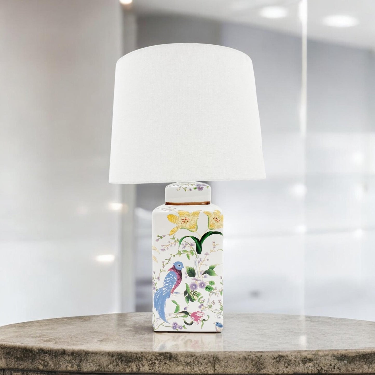 Stunning Floral Ceramic Table Lamp Pleated Shade Oriental Bird Hall Light 58Cm