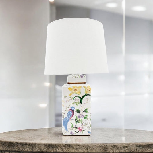 Stunning Floral Ceramic Table Lamp Pleated Shade Oriental Bird Hall Light 58Cm