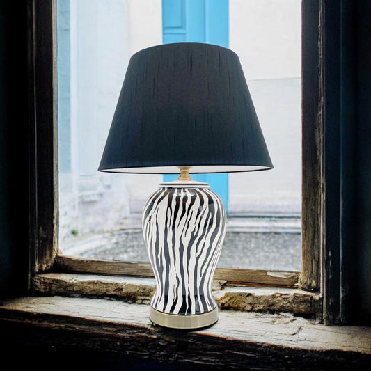 Modern Zebra Ceramic Table Lamp with Drum Black Shade 64Cm Large Bedroom Hallway