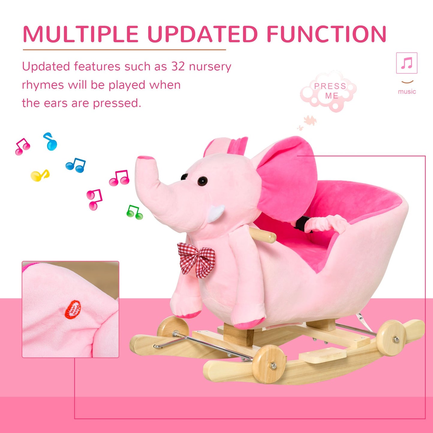 HOMCOM 2-In-1 Baby Rocking Horse Ride on Elephant W/ Wheels Music, Pink