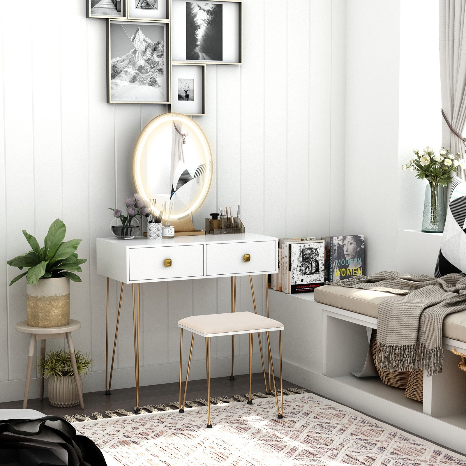 Dressing Table Set with Two Drawers and Cushioned Stool for Makeup Application