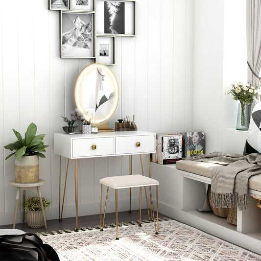 Dressing Table Set with Two Drawers and Cushioned Stool for Makeup Application
