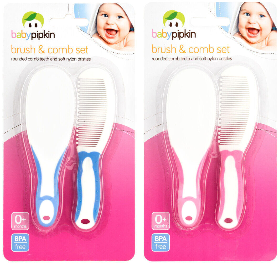 Baby Hair Brush and Comb Set Soft Gentle Pink or Blue Rounded Comb Teeth 0+ M