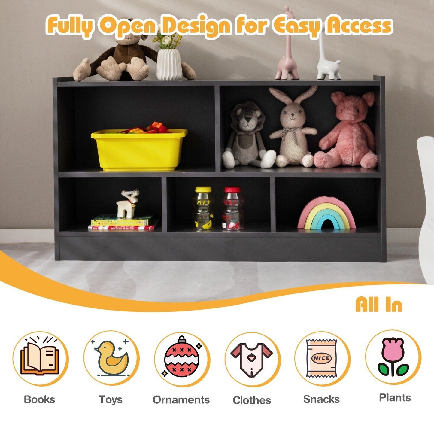 Kids Storage Shelf Unit 5-Cubby Wooden Children Bookcase Toy Storage Organizer