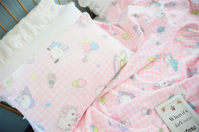 Cute Pink Cat Flannel Blanket Japanese Style Plush Throw