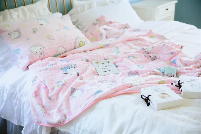 Cute Pink Cat Flannel Blanket Japanese Style Plush Throw