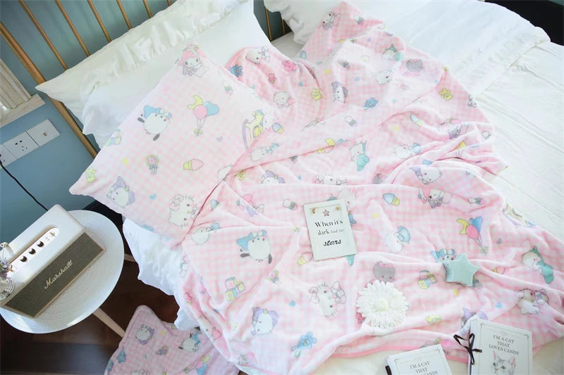 Cute Pink Cat Flannel Blanket Japanese Style Plush Throw