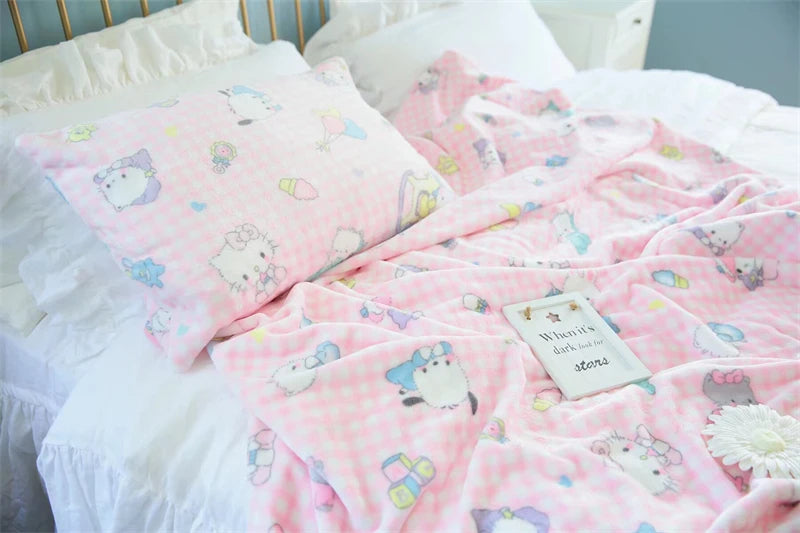 Cute Pink Cat Flannel Blanket Japanese Style Plush Throw