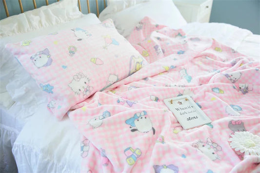 Cute Pink Cat Flannel Blanket Japanese Style Plush Throw
