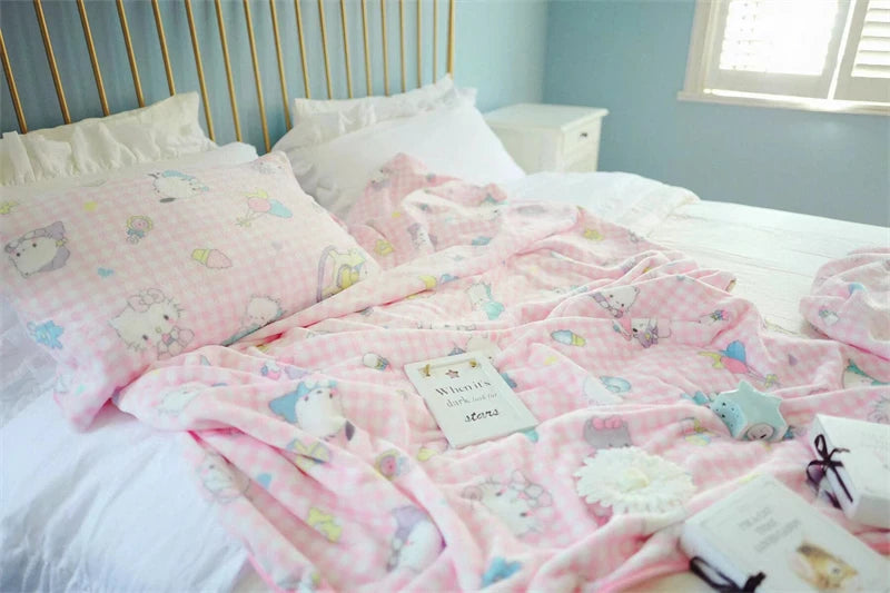 Cute Pink Cat Flannel Blanket Japanese Style Plush Throw