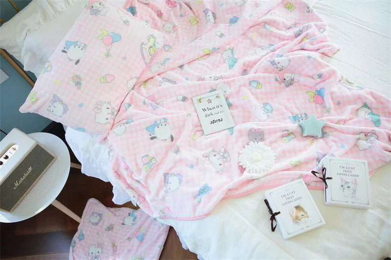 Cute Pink Cat Flannel Blanket Japanese Style Plush Throw