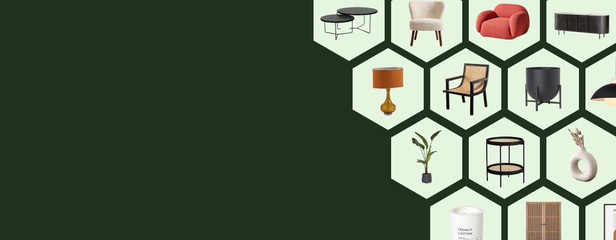 Hexagonal grid of various furniture items on a green background