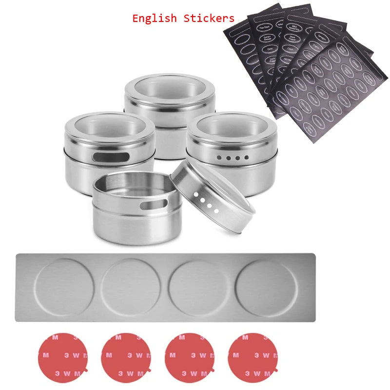 Magnetic Spice Jars with Wall Mounted Rack – Stainless Steel Spice Tins & Seasoning Containers with Labels
